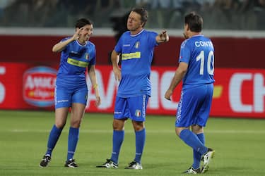 Aquila, Italy 16.07.2024: Giuseppe Conte, Elly Schlein, Matteo Renzi  in azione durante la Partita del Cuore 2024 Nazionale Politici contro Nazionale Cantanti presso lo stadio Gran Sasso all’ Aquila