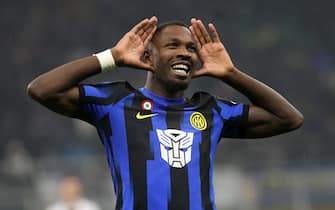 Inter Milan’s Marcus Thuram jubilates  after scoring goal of 3 to 0 during the Italian serie A soccer match between Fc Inter  and Udinese Giuseppe Meazza stadium in Milan, 9  December 2023.
ANSA / MATTEO BAZZI