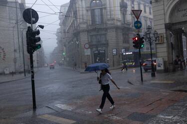 TURIN, ITALY - JULY 21: An afternoon rain storm sweeps through downtown, July 21, 2023, in Turin, Italy.(Photo by Andrew Lichtenstein/Corbis via Getty Images)