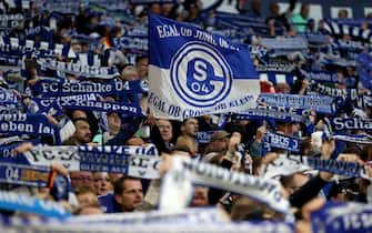 GELSENKIRCHEN, GERMANY - APRIL 14: Fans of Schalke are seen during the Bundesliga match between FC Schalke 04 and Hertha BSC at Veltins-Arena on April 14, 2023 in Gelsenkirchen, Germany. (Photo by Lars Baron/Getty Images)