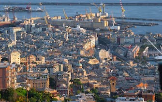 Genoa old town, aerial view at sunset of the Centro Storico - the old town - in the port area of Genova, Liguria, Italy.