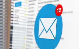 Email inbox notification with female business person receiving new incoming message at work, e-mail communication marketing  and interruption concept,