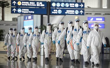 WUHAN, CHINA - APRIL 03: ï¼ CHINA OUTï¼ Firefighters prepare to conduct disinfection at the Wuhan Tianhe International Airport on April 3, 2020 in Wuhan, Hubei Province, China. Wuhan, the Chinese city hardest hit by the novel coronavirus outbreak, conducted a disinfection on the local airport as operations will soon resume on April 8 when the city lifts its travel restrictions. (Photo by Getty Images)