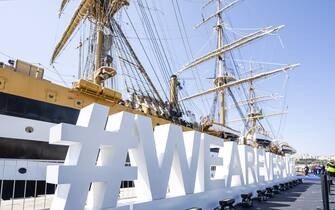 Detail the Italian Navy Training Ship Amerigo Vespucci docks in Ortona port on April 04, 2025,Italy. The Amerigo Vespucci, a historic tall ship used by the Italian navy as a training vessel, is stopping in Ortona during its tour of the Mediterranean, between April 04-06.