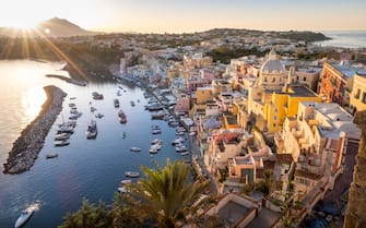 Procida, Naples - panorama of Marina Corricella sea and its tourist and fishing port. Trekking in the islands of Ischia and Procida of the archipelago of the Phlegrean islands in the municipality of Naples with its gulf in the Tyrrhenian Sea. Campania region, Italy