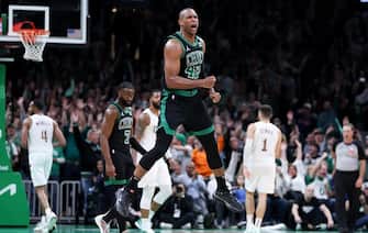 BOSTON, MASSACHUSETTS - MAY 15: Al Horford #42 of the Boston Celtics celebrates against the Cleveland Cavaliers in Game Five of the Eastern Conference Second Round Playoffs at TD Garden on May 15, 2024 in Boston, Massachusetts. Boston won the series and will advance to the next round. NOTE TO USER: User expressly acknowledges and agrees that, by downloading and or using this photograph, User is consenting to the terms and conditions of the Getty Images License Agreement. (Photo by Adam Glanzman/Getty Images)