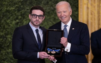 Mandatory Credit: Photo by Shutterstock (15073642aa)
United States President Joe Biden presents Alex Soros, son of award recipient George Soros with the Presidential Medal of Freedom during a ceremony in the East Room of the White House. The Presidential Medal of Freedom is the Nation's highest civilian honor, presented to individuals who have made exemplary contributions to the prosperity, values, or security of the United States, world peace, or other significant societal, public or private endeavors.
Biden Presents the Medal of Freedom, Washington, District of Columbia, USA - 04 Jan 2025
