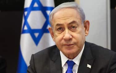 epa11033751 Israeli Prime Minister Benjamin Netanyahu chairs a Cabinet meeting at the Kirya, which houses the Israeli Ministry of Defence, in Tel Aviv, Isreal, 17 December 2023.  EPA/MENAHEM KAHANA / POOL