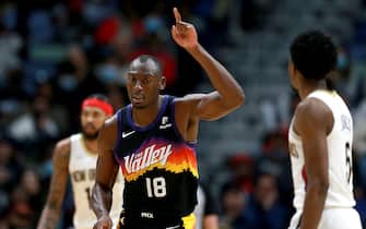NEW ORLEANS, LOUISIANA - JANUARY 04: Bismack Biyombo #18 of the Phoenix Suns reacts after scoring during the third quarter of a NBA game against the New Orleans Pelicans at Smoothie King Center on January 04, 2022 in New Orleans, Louisiana. NOTE TO USER: User expressly acknowledges and agrees that, by downloading and or using this photograph, User is consenting to the terms and conditions of the Getty Images License Agreement. (Photo by Sean Gardner/Getty Images)