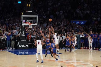 NEW YORK, NY - APRIL 30: Tyrese Maxey #0 of the Philadelphia 76ers scores the game tying shot during the game against the New York Knicks during Round 1 Game 5 of the 2024 NBA Playoffs on April 30, 2024 at Madison Square Garden in New York City, New York.  NOTE TO USER: User expressly acknowledges and agrees that, by downloading and or using this photograph, User is consenting to the terms and conditions of the Getty Images License Agreement. Mandatory Copyright Notice: Copyright 2024 NBAE  (Photo by Jesse D. Garrabrant/NBAE via Getty Images)