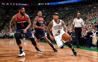 BOSTON, MA - MAY 15:  Isaiah Thomas #4 of the Boston Celtics goes to the basket against the Washington Wizards during Game Seven of the Eastern Conference Semifinals of the 2017 NBA Playoffs on May 15, 2017 at TD Garden in Boston, MA. NOTE TO USER: User expressly acknowledges and agrees that, by downloading and or using this Photograph, user is consenting to the terms and conditions of the Getty Images License Agreement. Mandatory Copyright Notice: Copyright 2017 NBAE (Photo by Brian Babineau/NBAE via Getty Images)