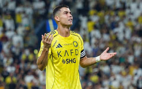 RIYADH, SAUDI ARABIA - SEPTEMBER 20: Cristiano Ronaldo of Team Al-Nassr FC celebrates scoring their fifth goal during the Saudi Pro League match between Al Nassr and Al Riyadh at Al Awwal Park on September 20, 2025 in Riyadh, Saudi Arabia. (Photo by Abdullah Ahmed/Getty Images)
