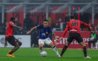 Lautaro Martinez of FC Internazionale seen in action during Serie A 2023/24 football match between AC Milan and FC Internazionale at San Siro Stadium, Milan, Italy on April 22, 2024