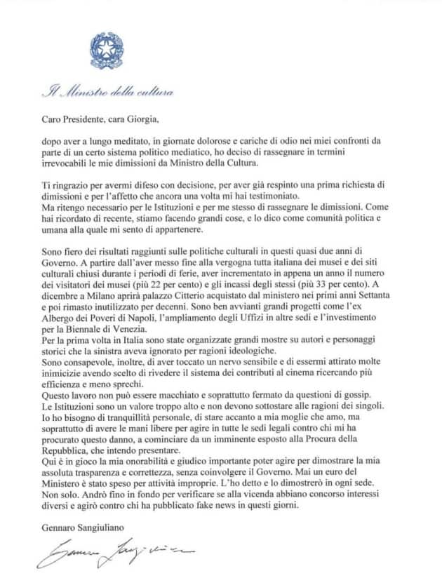 La lettera con cui il ministro Sangiuliano ha annunciato le sue dimissioni