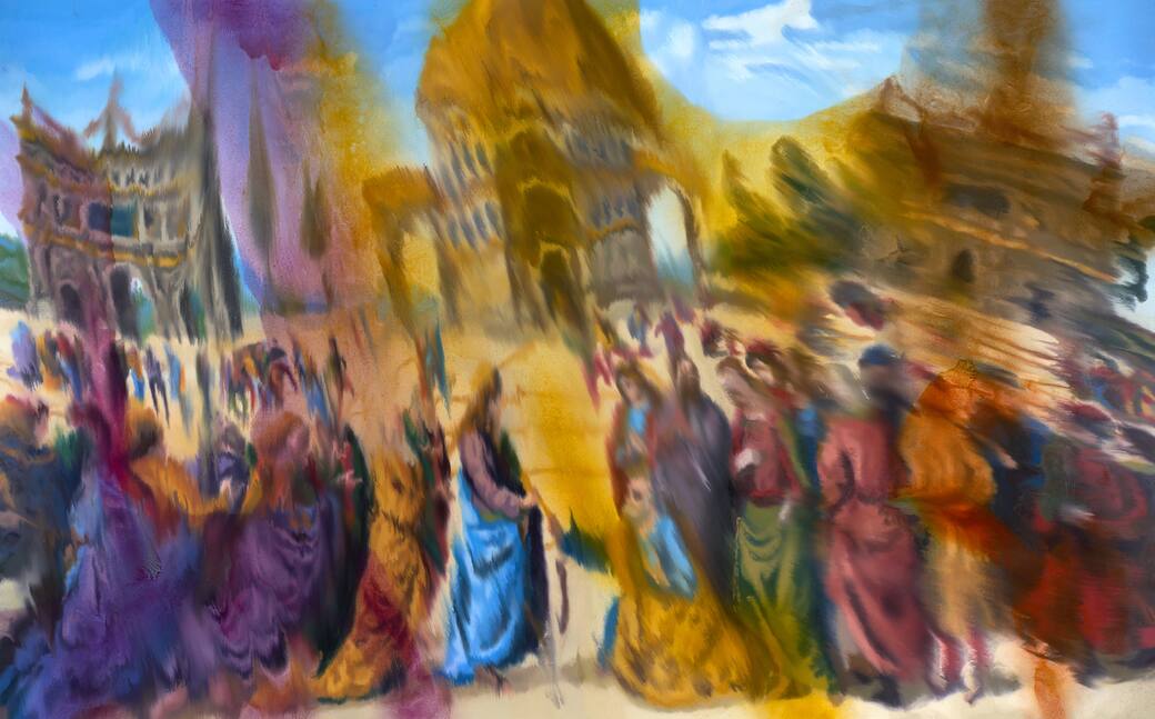 Variazione de La consegna delle chiavi del Perugino, 300 x 480 cm. Olio su lino, 2025. Crediti fotografici Fabio Fantini