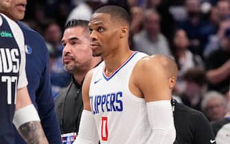 DALLAS, TEXAS - APRIL 26: Russell Westbrook #0 of the Los Angeles Clippers walks off the court after being ejected from the game during the second half of game three of the Western Conference First Round Playoffs at American Airlines Center on April 26, 2024 in Dallas, Texas. NOTE TO USER: User expressly acknowledges and agrees that, by downloading and or using this photograph, User is consenting to the terms and conditions of the Getty Images License Agreement. (Photo by Sam Hodde/Getty Images)