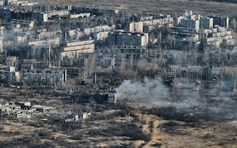 AVDIIVKA, UKRAINE - FEBRUARY 15: A general view of the city's destroyed buildings on February 15, 2024 in Avdiivka district, Ukraine. The Russian army is advancing on the flanks of the city, firing non-stop artillery, shelling the city with guided aerial bombs (FAB-500). Both Ukraine and Russia have recently claimed gains in the Avdiivka, where Russia is continuing a long-running campaign to capture the city, located in the Ukraine's eastern Donetsk Region. Last week, the Russian army was successful in advancing towards the city and captured the main supply road (Photo by Kostiantyn Liberov/Libkos/Getty Images)