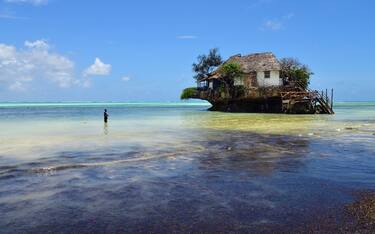 Pingwe, Zanzibar - October 6, 2019: The Rock restaurant. It is world-famous restaurant known for its extraordinary location in ocean and landmark of Zanzibar island