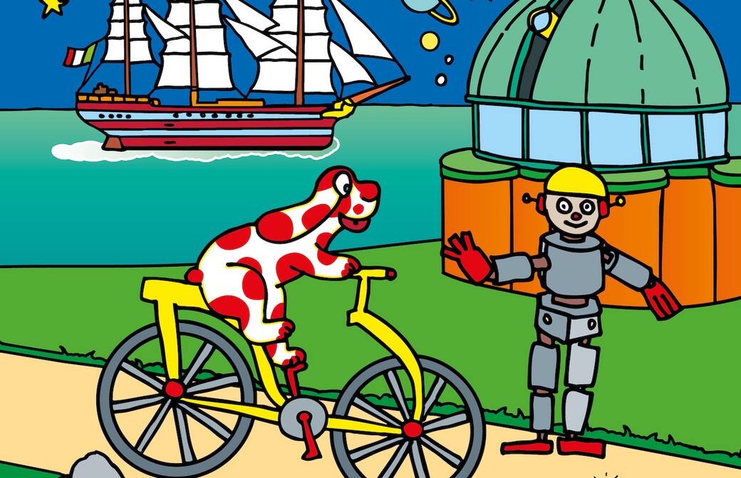 Un dettaglio della copertina di “Pimpa. Un viaggio nella scienza”