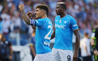 Victor Osimhen of Napoli celebrates with Giovanni Di Lorenzo after scoring 1-2 goal during the Serie A soccer match between Frosinone Calcio and SSC Napoli at Benito Stirpe stadium in Frosinone, Italy, 19 August 2023. ANSA/FEDERICO PROIETTI