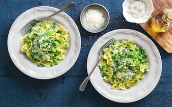 Broccoli and basil pesto pasta salad with mint pea