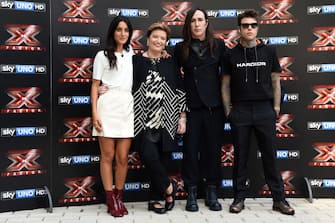 MILAN, ITALY - SEPTEMBER 13:  (L-R) Claudia Lagona also known as Levante, Mara Maionchi, Manuel Agnelli and Fedez attend X Factor 11 Photocall on September 13, 2017 in Milan, Italy.  (Photo by Pier Marco Tacca/Getty Images)