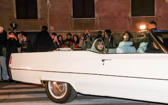 ROME, ITALY - JANUARY 19: Victoria De Angelis of Maneskin arrives at Palazzo Brancaccio on a vintage car for the Maneskin "Rush!" presentation  on January 19, 2023 in Rome, Italy. (Photo by Franco Origlia/WireImage)