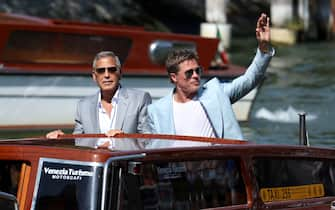 VENICE, ITALY - SEPTEMBER 01: George Clooney and Brad Pitt are seen at Palazzo del Casino during the 81st Venice International Film Festival on September 01, 2024 in Venice, Italy. (Photo by Pascal Le Segretain/Getty Images)