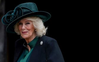 Britain's Queen Camilla reacts upon her arrival at St. George's Chapel, Windsor Castle, to attend the Easter Mattins Service, on March 31, 2024. (Photo by Hollie Adams / POOL / AFP)