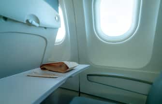 Plane window. Food in brown paper bag and plastic fork and spoon on plastic airplane tray table at seat back. Economy class airplane window. Inside of commercial airline. Seat with armchair.