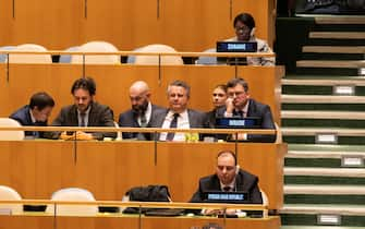 Ukrainian delegation and Foreign Minister Dmytro Kuleba (R) attend General Assembly Emergency session on Russian aggression against Ukraine vote at UN Headquarters in New York on February 23, 2023. Members of UN voted to approve resolution of withdrawal of Russian troops from Ukraine and a halt to fighting. Vote was 141 for, 7 against and 32 abstained, 13 countries did not vote. (Photo by Lev Radin/Sipa USA)