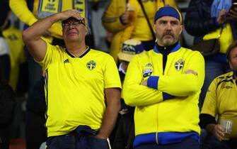 BRUSSELS, BELGIUM - OCTOBER 16: Fans of Sweden react at half time as the the UEFA EURO 2024 European qualifier match between Belgium and Sweden is abandoned at King Baudouin Stadium on October 16, 2023 in Brussels, Belgium. (Photo by Getty Images/Getty Images)