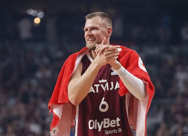 RIGA, LATVIA - AUGUST 25: Kristaps Porzingis of Latvia celebrates after the FIBA Basketball World Cup 2023 European Qualifiers second round first match between Latvia and Turkiye at the Arena Riga in Riga, Latvia on August 25, 2022. (Photo by Elif Ozturk Ozgoncu/Anadolu Agency via Getty Images)