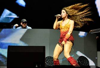 Colombian singer Shakira performs with Argentine record producer and songwriter Bizarrap on the Sahara Stage during the Coachella Valley Music and Arts Festival in Indio, California, on April 12, 2024. (Photo by VALERIE MACON / AFP) (Photo by VALERIE MACON/AFP via Getty Images)