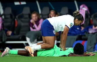 England's Lauren James (top) fouls Nigeria's Michelle Alozie, which results in a red card following a VAR review for violent conduct during the FIFA Women's World Cup, Round of 16 match at Brisbane Stadium, Australia. Picture date: Monday August 7, 2023.