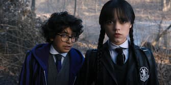 Wednesday. (L to R) Moosa Mostafa as Eugene Otinger, Jenna Ortega as Wednesday Addams in episode 104 of Wednesday. Cr. Courtesy of Netflix © 2022
