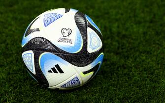 BUCHAREST, ROMANIA - SEPTEMBER 09: A detailed view of the Adidas Oceaunz Pro match ball prior to the UEFA EURO 2024 European qualifier match between Romania and Israel at National Arena on September 09, 2023 in Bucharest, Romania. (Photo by Francesco Scaccianoce - UEFA/UEFA via Getty Images)