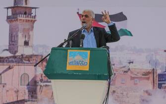 April 14, 2023, Gaza, Palestine: Yahya Sinwar, head of Hamas in Gaza, delivers a speech during a rally marking ''Jerusalem Day,'' or Al-Quds Day. Iran's leader delivered a historic address to the Palestinian people of Gaza, telling them to stick up to the fighting against Israel in a speech that reflected his country's support for the territory's ruling Hamas militant group. Al-Quds (Jerusalem) Day, is a commemorative day in support of the Palestinian people held annually on the last Friday of the Muslim fasting month of Ramadan by an initiative started by the late founder of the Islamic Republic in Iran. (Credit Image: © Ahmed Zakot/SOPA Images via ZUMA Press Wire)