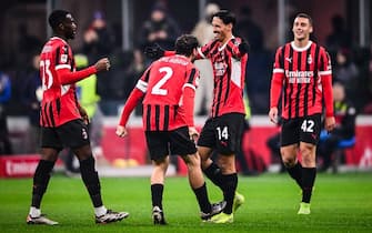 Tijjani REIJNDERS of AC Milan celebrate his goal with Davide CALABRIA of AC Milan, Fikayo TOMORI of AC Milan and Filippo TERRACCIANO of AC Milan during the Italian Cup, Coppa Italia, round of 16 football match between AC Milan and US Sassuolo on 3 December 2024 at San Siro stadium in Milan, Italy