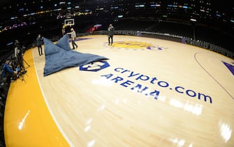 LOS ANGELES, CA - DECEMBER 25: A close up view of the court at Crypto.Com Arena before the game between the Brooklyn Nets and Los Angeles Lakers on December 25, 2021 in Los Angeles, California. NOTE TO USER: User expressly acknowledges and agrees that, by downloading and/or using this Photograph, user is consenting to the terms and conditions of the Getty Images License Agreement. Mandatory Copyright Notice: Copyright 2021 NBAE (Photo by Andrew D. Bernstein/NBAE via Getty Images)