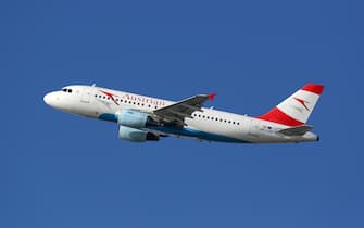 Barcelona, Spain - December 12, 2014: An Austrian Airlines Airbus A319 with the registration OE-LDE taking off from Barcelona Airport (BCN). Austrian Airlines is the flag carrier airline of Austria with its headquarters in Vienna.