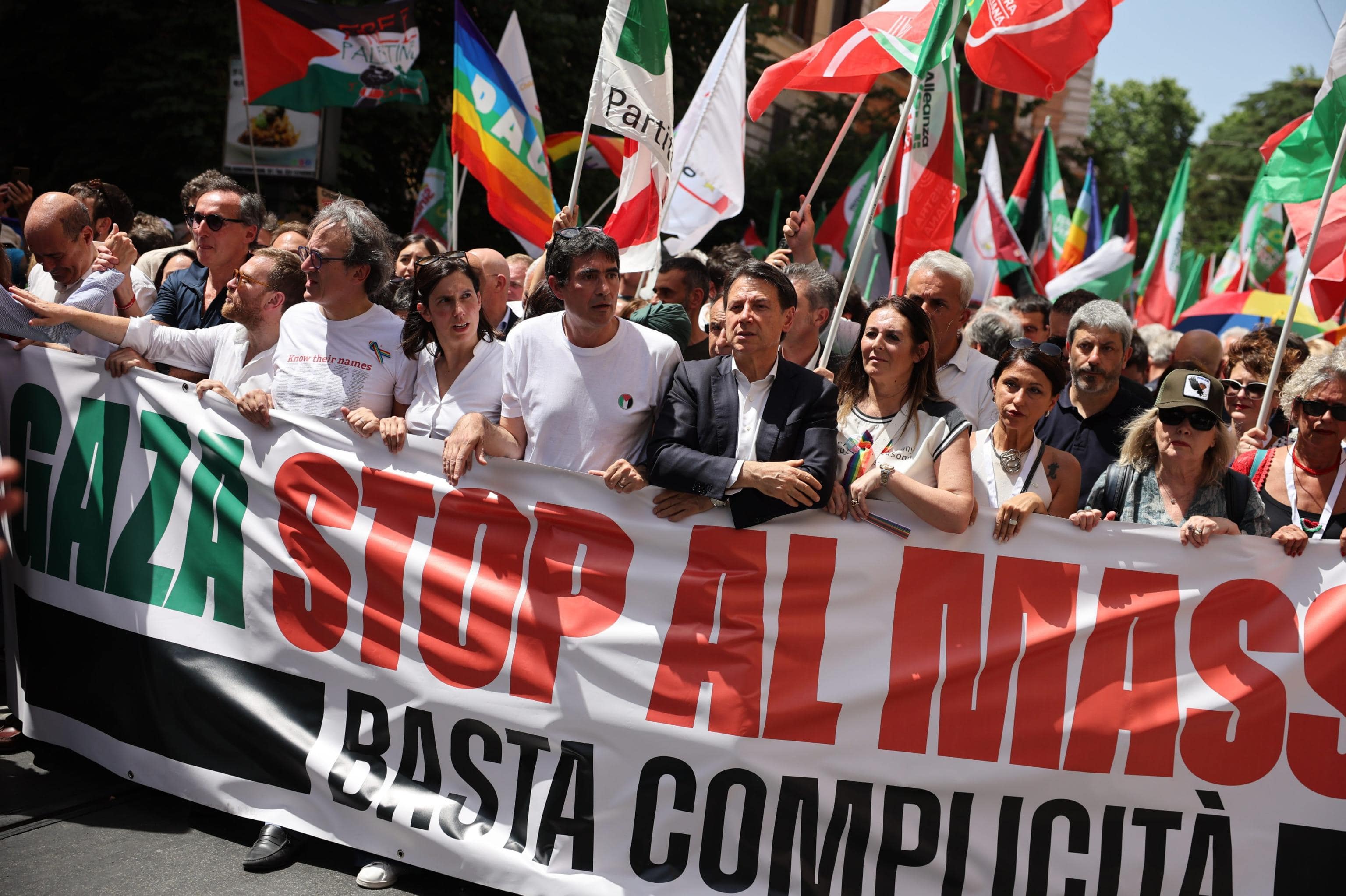 (L-R) The Green Europe party spokesperson Angelo Bonelli Democratic Party (PD) Secretary Elly Schlein, Secretary of Italian Left party Nicola Fratoianni, and M5S leader Giuseppe Conte,attend the pro-Palestinian demonstration, Rome, Italy, 07 June 2025. ANSA/MASSIMO PERCOSSI