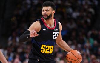 DENVER, CO - JANUARY 7: Jamal Murray #27 of the Denver Nuggets dribbles the ball during the game against the Detroit Pistons on January 7, 2024 at the Ball Arena in Denver, Colorado. NOTE TO USER: User expressly acknowledges and agrees that, by downloading and/or using this Photograph, user is consenting to the terms and conditions of the Getty Images License Agreement. Mandatory Copyright Notice: Copyright 2024 NBAE (Photo by Garrett Ellwood/NBAE via Getty Images)