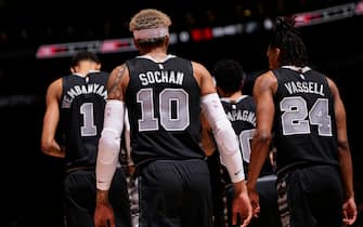 TORONTO, CANADA - FEBRUARY 12: Jeremy Sochan #10, Victor Wembanyama #1, Devin Vassell #24 and Julian Champagnie #30 of the San Antonio Spurs look on during the game against the Toronto Raptors on February 12, 2024 at the Scotiabank Arena in Toronto, Ontario, Canada.  NOTE TO USER: User expressly acknowledges and agrees that, by downloading and or using this Photograph, user is consenting to the terms and conditions of the Getty Images License Agreement.  Mandatory Copyright Notice: Copyright 2024 NBAE (Photo by Mark Blinch/NBAE via Getty Images)