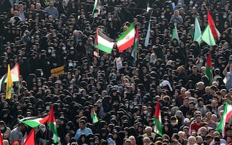 epa10925652 Thousands of Pro-Palestine supporters gathered during an anti-Israeli rally to show their solidarity with Gaza people in Enghelab square, after the Gaza hospital strike, in Tehran, Iran, 18 October 2023. According to Palestinian authorities in Gaza hundreds of people have been killed in an airstrike to the hospital in Gaza on 17 October. Israel has denied responsibility and said a Hamas rocket misfire caused the blast. More than 3,000 Palestinians and 1,400 Israelis have been killed according to the Israel Defense Forces (IDF) and the Palestinian Health authority since Hamas militants launched an attack against Israel from the Gaza Strip on 07 October. Israel has warned all citizens of the Gaza Strip to move to the south ahead of an expected invasion.  EPA/ABEDIN TAHERKENAREH