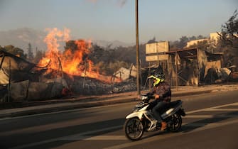 epa11546917 A person riding a scooter watches as a wildfire engulfs a firewood business, in Penteli, northeast of Athens, Greece, 12 August 2024. The wildfire that broke out in Varnavas on 11 August afternoon continued to rage in eastern Attica on 12 August, fanned and spread to a front extending more than 20 kilometers. According to the fire department, the fire-fighting effort is extremely difficult as the wind keeps changing direction, while the three main fronts of concern are in Grammatiko, Penteli and the Anatoli settlement in Nea Makri.  EPA/GEORGE VITSARAS