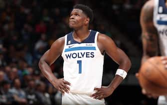 MINNEAPOLIS, MN -  OCTOBER 24: Anthony Edwards #1 of the Minnesota Timberwolves stands on the court during the game against the San Antonio Spurs on October 24, 2022 at Target Center in Minneapolis, Minnesota. NOTE TO USER: User expressly acknowledges and agrees that, by downloading and or using this Photograph, user is consenting to the terms and conditions of the Getty Images License Agreement. Mandatory Copyright Notice: Copyright 2022 NBAE (Photo by David Sherman/NBAE via Getty Images)