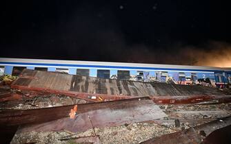 Rail accident involving a collision between a cargo and a passenger train in the Evangelismos area of Larissa, Greece on March 1, 2023. (Photo by STRINGER / SOOC / SOOC via AFP) (Photo by STRINGER/SOOC/AFP via Getty Images)