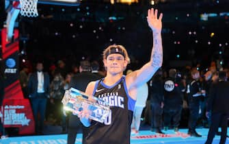 INDIANAPOLIS, INDIANA - FEBRUARY 17: Mac McClung #0 of the Osceola Magic celebrates after winning the 2024 AT&T Slam Dunk contest during the State Farm All-Star Saturday Night at Lucas Oil Stadium on February 17, 2024 in Indianapolis, Indiana. NOTE TO USER: User expressly acknowledges and agrees that, by downloading and or using this photograph, User is consenting to the terms and conditions of the Getty Images License Agreement. (Photo by Stacy Revere/Getty Images)