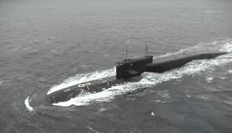 epa10267249 A handout still image taken from a handout video provided by the Russian Defence ministry press-service shows the Russian nuclear-powered submarine 'Tula' preparing to launch a 'Sineva' ballistic missile to Kura Test Range during training to test the Russian strategic deterrence forces in the Barents Sea, Russia, 26 October 2022. The Russian military held a training session during which they practiced a massive nuclear strike in response to an enemy nuclear attack.Valery Gerasimov, Chief of the General Staff of the Armed Forces of the Russian Federation, said that the Yars missile system of the Strategic Missile Forces, the strategic missile submarine of the Northern Fleet Tula, and two Tu-95MS missile carriers were involved in the training.  EPA/RUSSIAN DEFENCE MINISTRY PRESS SERVICE / HANDOUT  HANDOUT EDITORIAL USE ONLY/NO SALES
